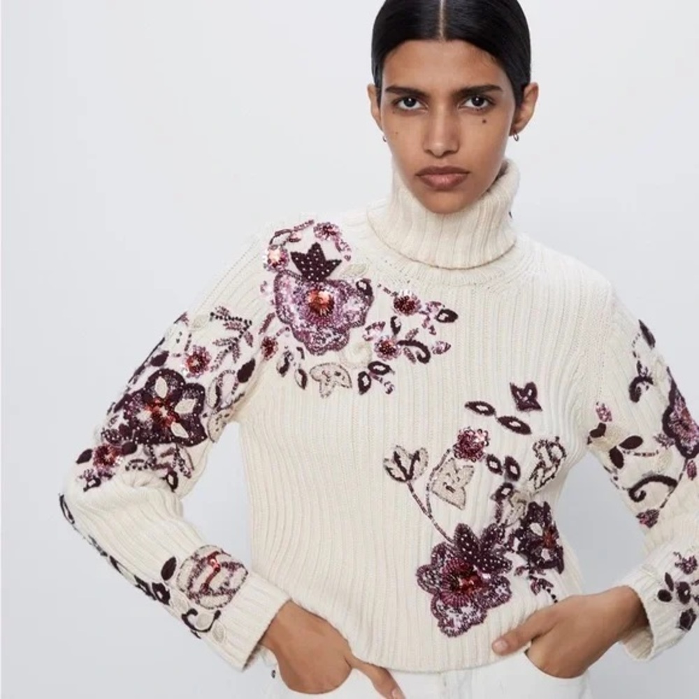 ZARA CREAM PINK PURPLE EMBROIDERED SEQUIN RHINESTONE EMBELLISHED FLORAL SWEATER